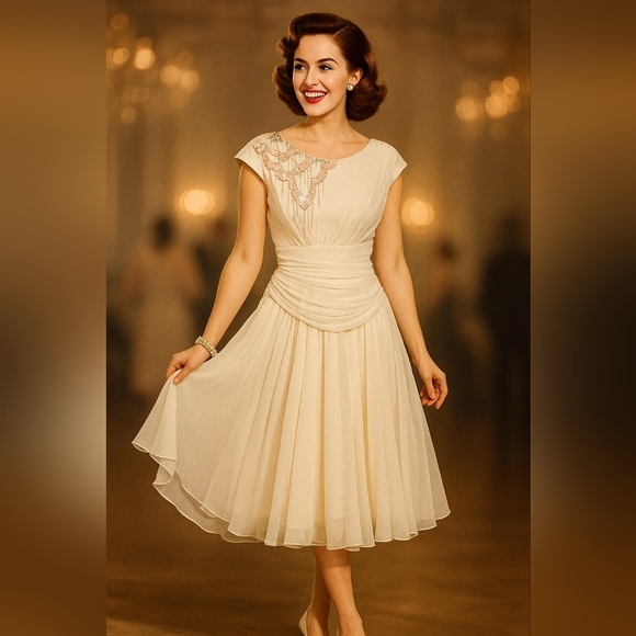 Algo Boutique Dresses & Skirts - Algo Boutique 🌟 Vintage-Inspired Cream Chiffon Midi Embellished Dress